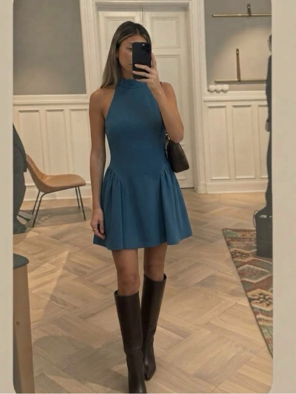 Zara NWT Blue Halter Neck Mini Dress Fit Flare Pleated Cocktail Size M